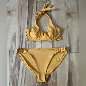 Athleta Sculpted Abyssinian Yellow Bikini Swimsuit W/Halter Women's Medium 32b/c